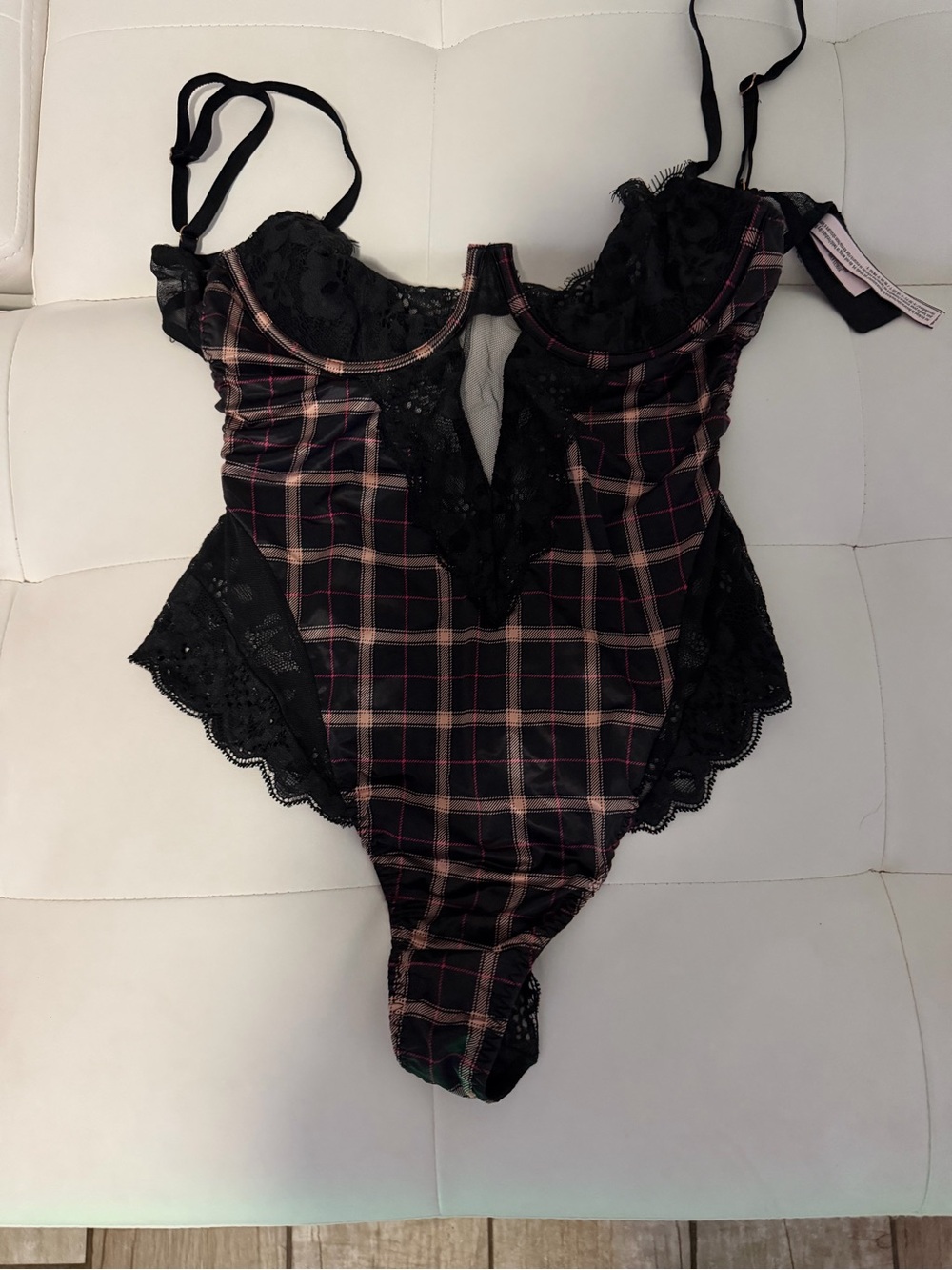 Victoria's Secret Black Plaid Lace Bodysuit